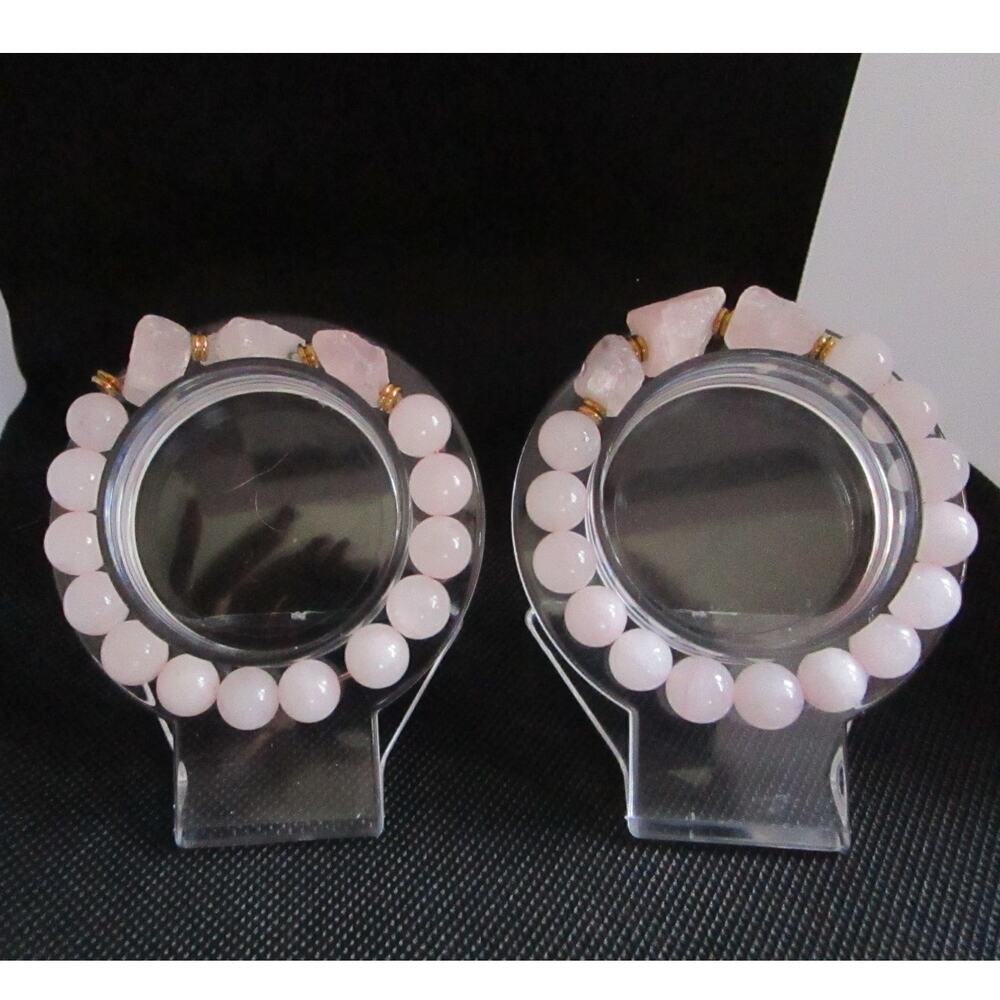Rose Quartz Bracelet Set Pink Crystal Stretch Stack Raw Stone Gold Accents